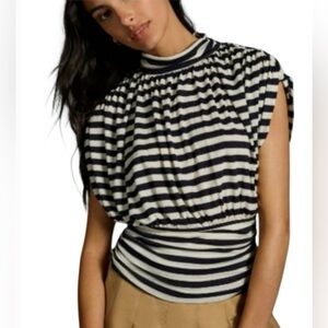NWT Maeve Anthropologie Navy & Ivory Striped Ruched Mock Neck Blouse Women’s 1X